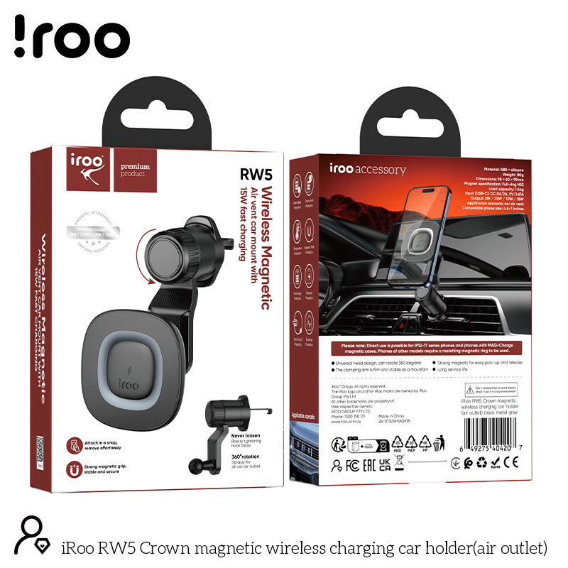 iRoo RW5 | 15W Wireless Charging, Air Vent Super Strong MagSafe Compatible Holder (Universal)